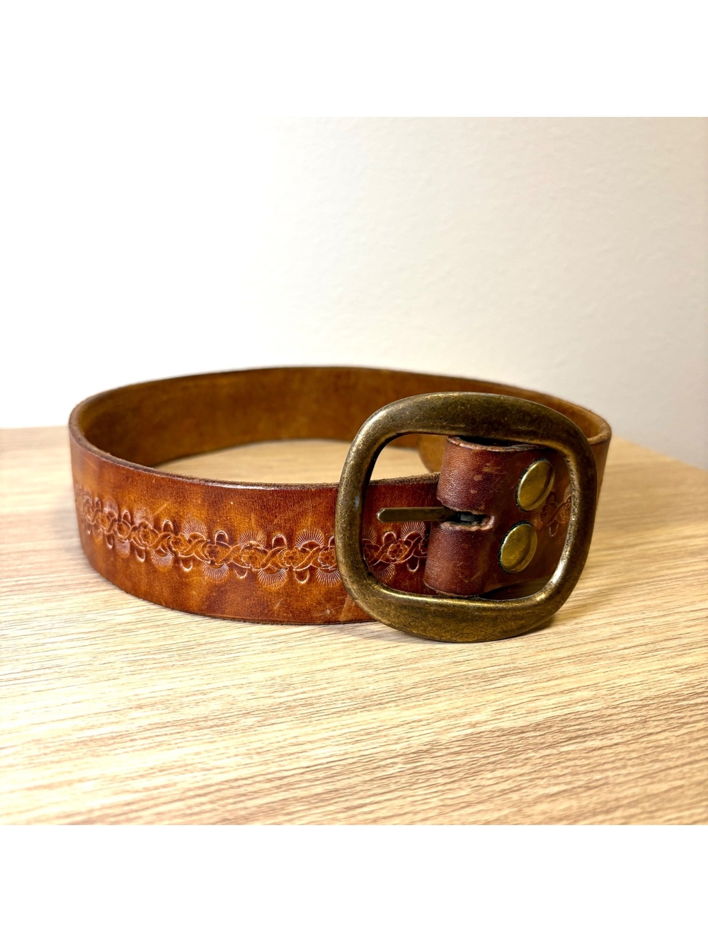 Vintage Tooled Leather Belt 32” Floral Embossed Brown Leather Brass Buckle Boho